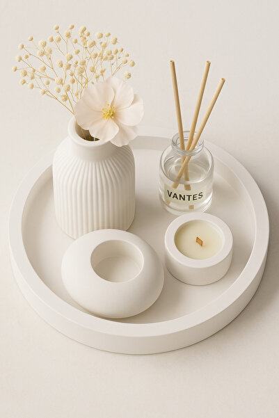 VANTES Beyaz Renk Özel Tasarım Mumluk Ve Vazo Aksesuar Seti Dekoratif Ürün (Çiçek Dahil Değildir)