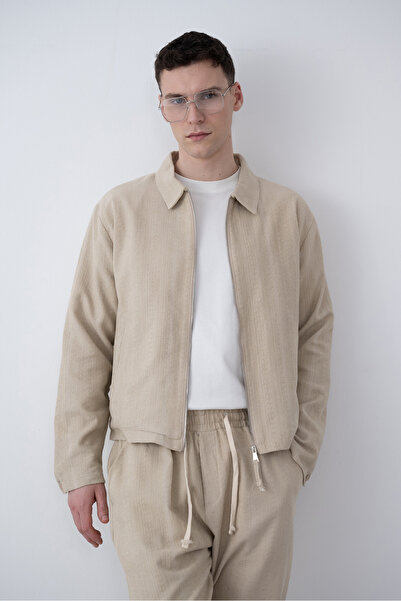 İLKCET MODA Men's Beige Ethnic Patterned Oversize Short Jacket
