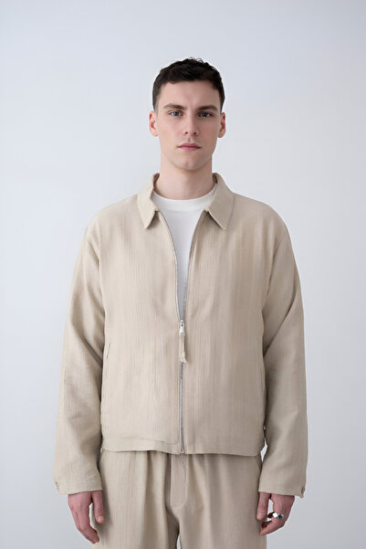 İLKCET MODA Men's Beige Ethnic Patterned Oversize Short Jacket