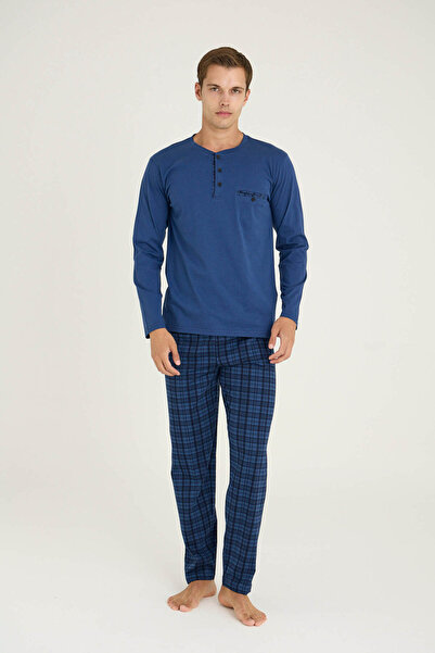 KLY Men's Buttoned Collar Plaid Patterned Pajama Set Luxury Design