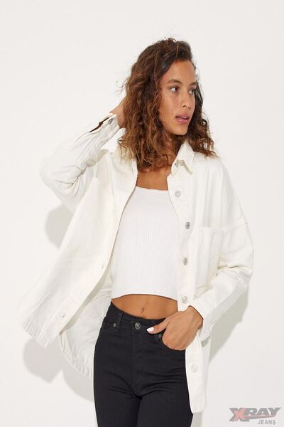 XRAY JEANS Women's Jeans Long Buttoned Pocket White Denim Jacket