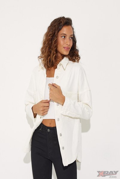 XRAY JEANS Women's Jeans Long Buttoned Pocket White Denim Jacket