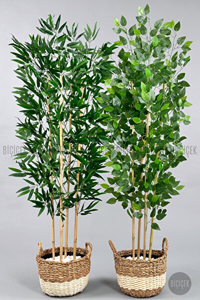 BİÇİÇEK 140 cm yapay bambu&benjamin ağacı ikiliset hasır saksıda