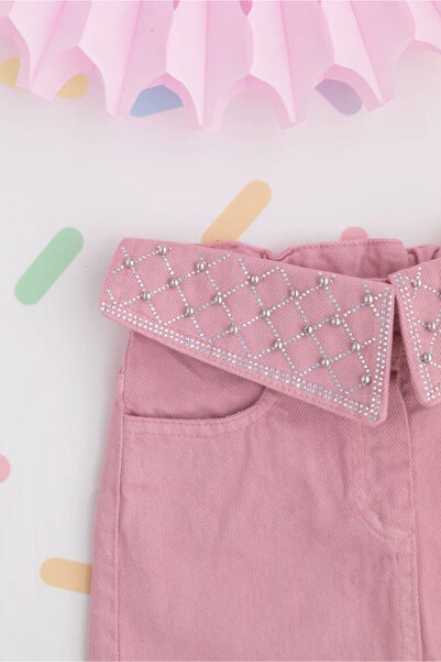chipiques Waist Partially Folded Zircon Stone Embroidery Girls' Denim Skirt