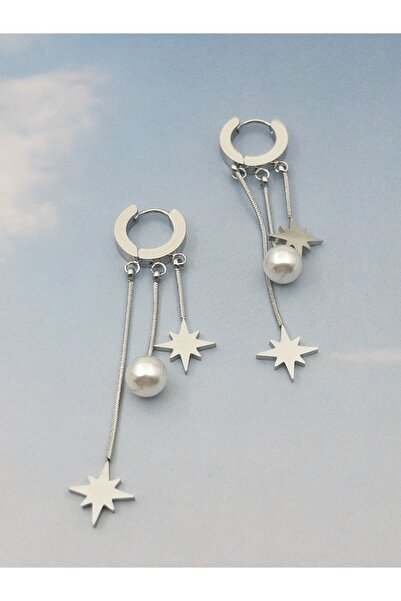 Siya Silver Uzun Püsküllü Kararmaz Çelik Yıldızlı İncili Çelik Küpe