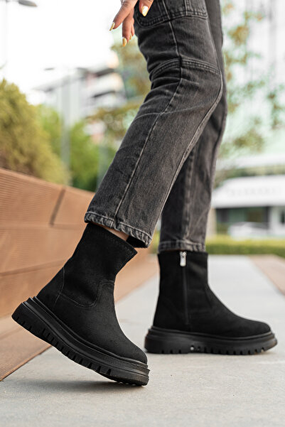 AYAKKABI MEET Siyah Süet Kadın Kalın Taban Günlük Kısa Bot 12365214