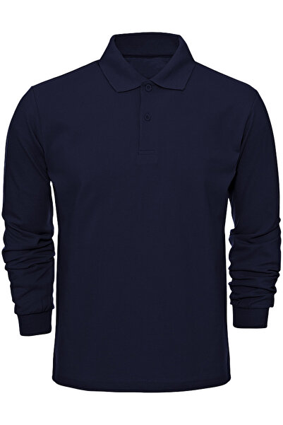 Çapıt تي شيرت كاجوال/مدرسية بأكمام طويلة وياقة بولو من القطن بنسبة 100% باللون الأزرق الداكن