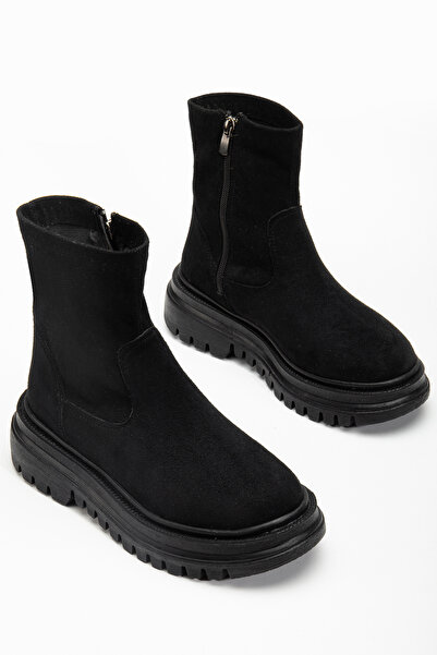 AYAKKABI MEET Siyah Süet Kadın Kalın Taban Günlük Kısa Bot 12365214
