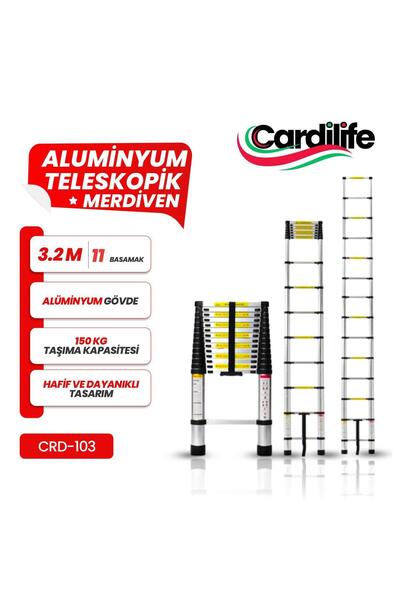 CARDİLİFE Teleskopik Alüminyum Merdiven 3.2 mt 11 Basamaklı