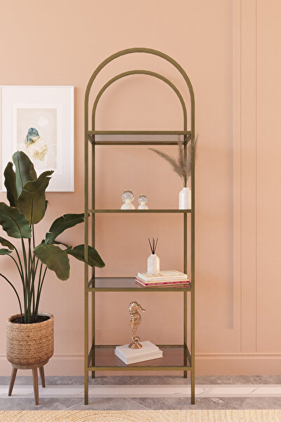 Dekoport İdil Kitaplık Kahve Köşesi Metal Mutfak Rafı Aksesuar Rafı 47 cm Pirinç Eskitme Metal Bronz Cam