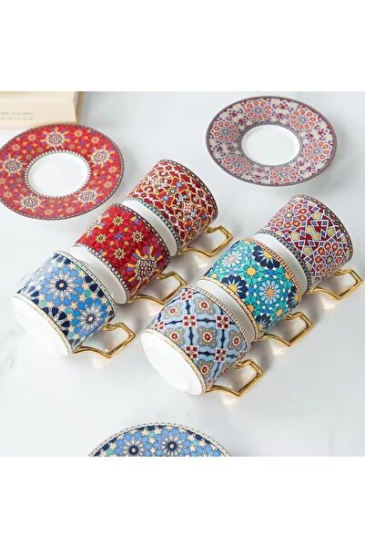 package home Luxury Moroccan Ceramic Tea Cup and Saucer Set, 250ml, Gold Handle, Red (1, Nonjmo Red)