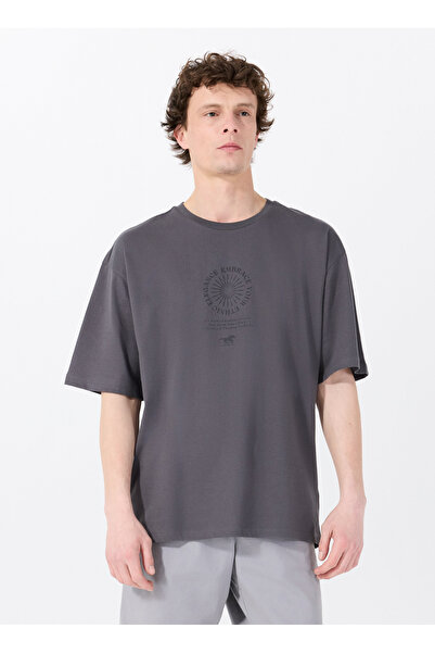 Mustang Bisiklet Yaka Baskılı Antrasit Erkek T-Shirt M5SM-TST1436