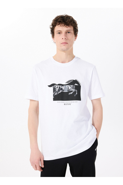 Mustang Bisiklet Yaka Baskılı Beyaz Erkek T-Shirt M5SM-TST1274