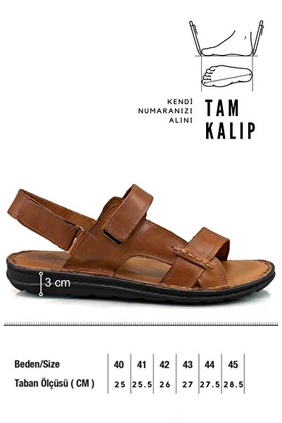 sermoda Hakiki Gerçek Deri Cırtlı Erkek Sandalet Taba