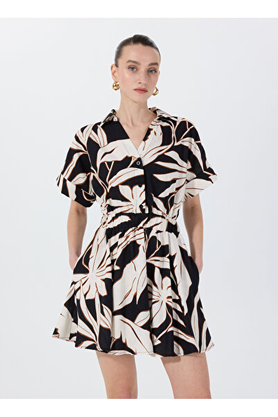 FABRIKA COMFORT Bej Kadın Rahat Kalıp Desenli %100 Keten Elbise FC5SL-ELB0395