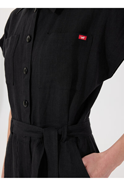 Mustang Siyah Kadın Normal Kalıp %100 Keten Tulum M5SL-TLM1278