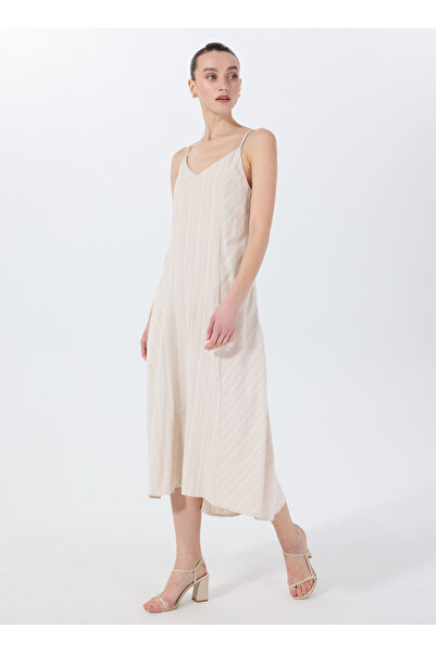 Fabrika V Yaka Çizgili Bej Midi Kadın Elbise F5SL-ELB0025