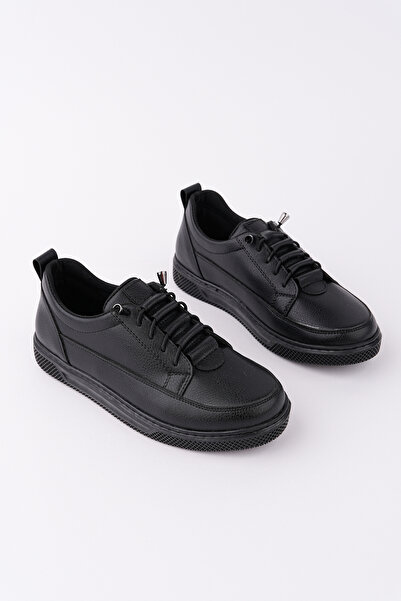 meyra'nın ayakkabıları Women's Black Leather Rubber Laced Orthopedic Sole Ballerinas