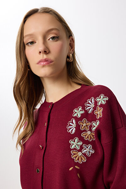 Lovelyİstanbul Nakış İşlemeli Boncuklu Triko Hırka LNX0006 BORDO