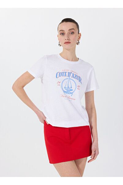 Fabrika Bisiklet Yaka Baskılı Beyaz Kadın T-Shirt F5SL-TST0466