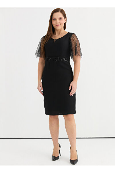 Selen V Yaka Simli Siyah Standart Kadın Elbise 25YSL7645-BB