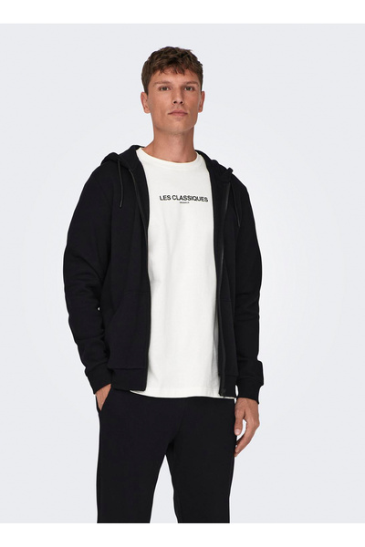 Only & Sons Чорна чоловіча кофта з капюшоном ONSCERES ZIP THR. HOODIE SWEAT NOOS