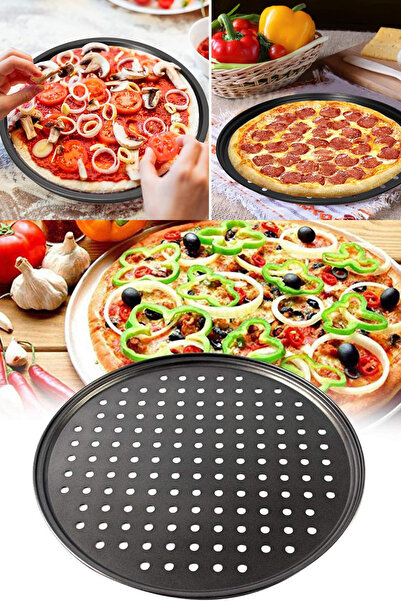 Ülgenev Paslanmaz Karbon Çelik , Delikli,  Yanmaz Yapışmaz 32 Cm Büyük Boy Pizza ve Lahmacun Tepsisi