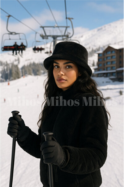 Mihos Kadın Kışlık Peluş Siyah Kova Bucket Şapka