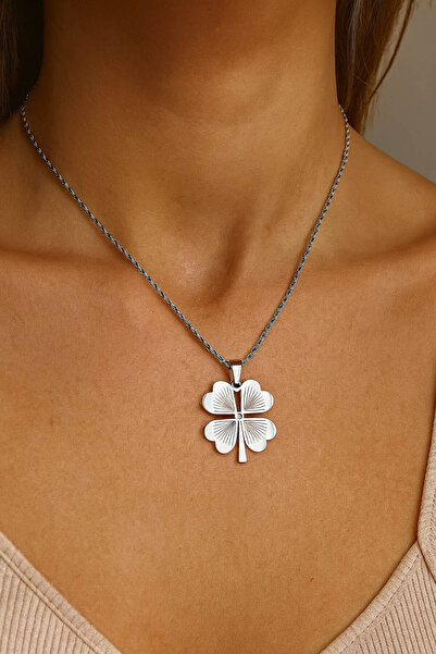 TREND COLLECTİON البرسيم الفضي 60 سم قلادة من الفولاذ