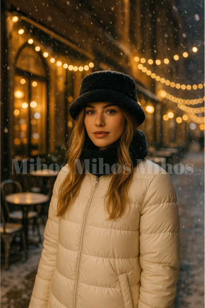 Mihos Kadın Kışlık Peluş Siyah Kova Bucket Şapka