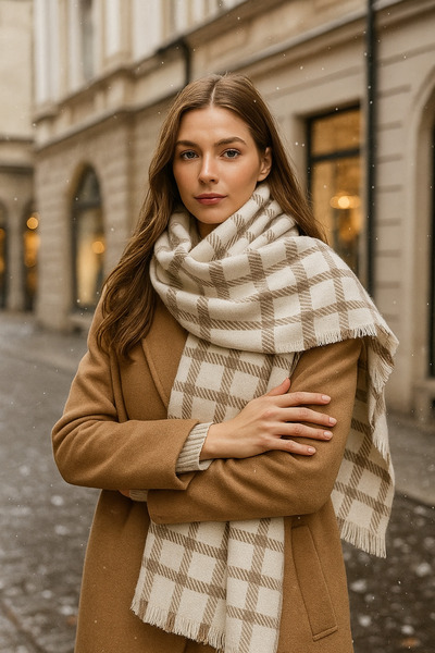 Luminos Butik Women's Ecru Square Patterned Scarf - Shawl 70X180 cm Sal1207