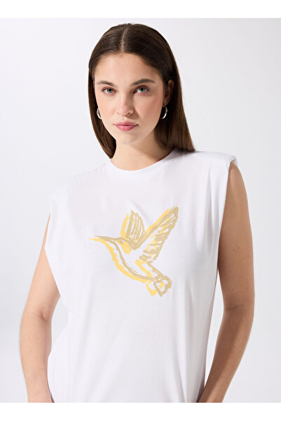 Fabrika Bisiklet Yaka Baskılı Kırık Beyaz Kadın T-Shirt F5SL-TST0371