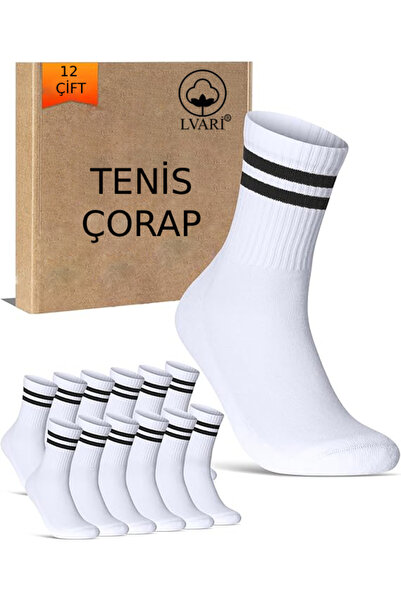 Lvari Unisex 12 Çift Pamuklu Çemberli Beyaz Spor Çorabı Tenis Model
