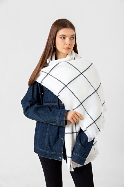 Luminos Butik Women's Ecru Square Patterned Scarf - Shawl 70x180 Cm Sal1210