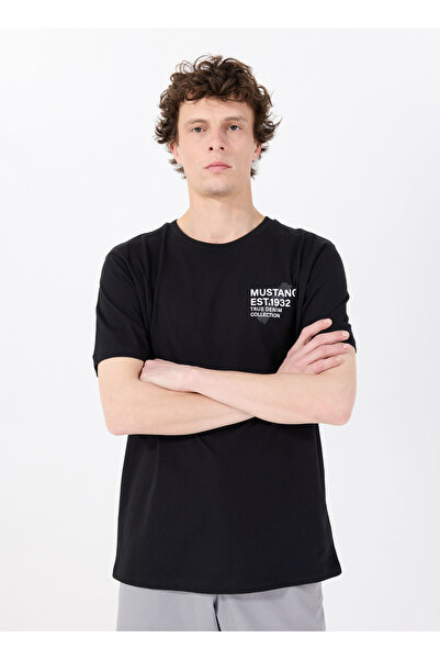 Mustang Bisiklet Yaka Baskılı Siyah Erkek T-Shirt M5SM-TST1929