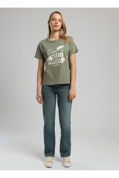 Lee Cooper Crew Neck Printed Khaki Women's T-Shirt 252 Lcf 242006 Grow Khaki