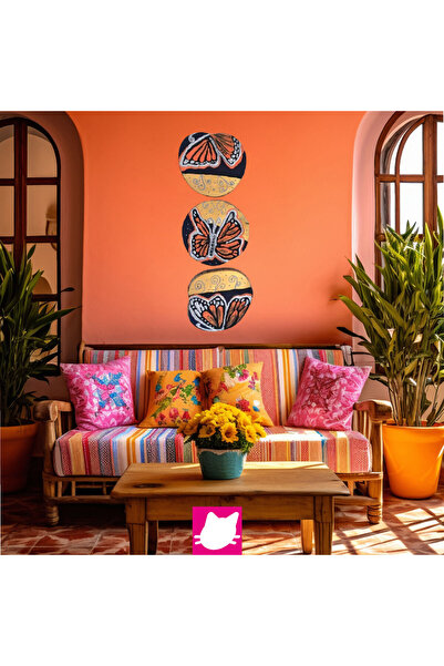 MAKARON SANAT Gold Varaklı Kelebek Motifleri 3lü İllüstrasyon Dişbudak Ağacı ...