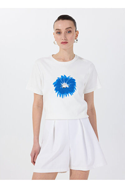 Fabrika Bisiklet Yaka Baskılı Kırık Beyaz Kadın T-Shirt F5SL-TST0387