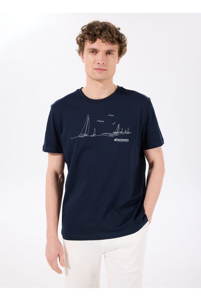 Discovery Expedition D5SM-TST3802 Lacivert Bisiklet Yaka Relaxed Baskılı Erke...