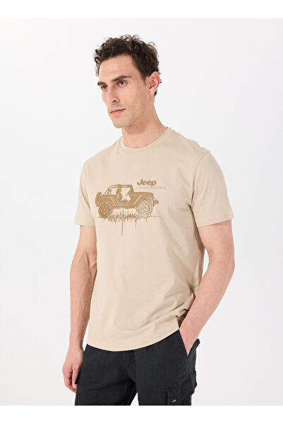 Jeep Bisiklet Yaka Baskılı Deve Tüyü Erkek T-Shirt J5SM-TST7385