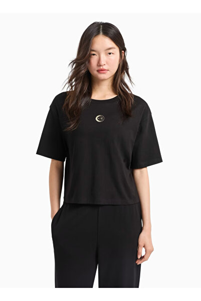 Armani Exchange Γυναικείο μπλουζάκι με λαιμόκοψη σε μονόχρωμο μαύρο χρώμα XW000321