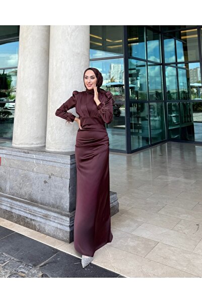 modasusev Σατέν χιτζάμπ βραδινό φόρεμα - με φουντωτά μανίκια και λεπτομέρεια τρένου