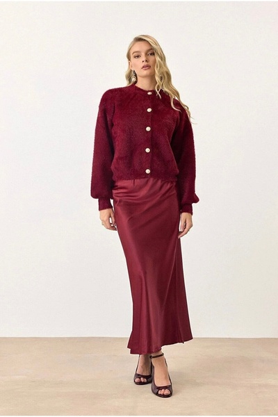 NATUFIAN STORE Pearl Buttoned Bearded Balloon Sleeve Women's Knitwear Soft Cardigan