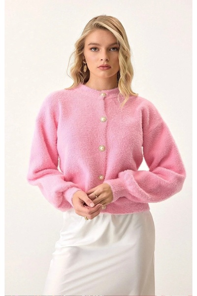 NATUFIAN STORE Pearl Buttoned Bearded Balloon Sleeve Women's Knitwear Soft Cardigan