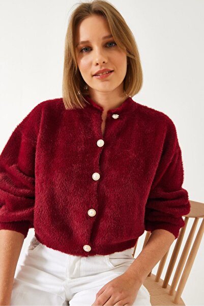 NATUFIAN STORE Pearl Buttoned Bearded Balloon Sleeve Women's Knitwear Soft Cardigan