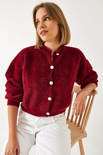 NATUFIAN STORE Pearl Buttoned Bearded Balloon Sleeve Women's Knitwear Soft Cardigan