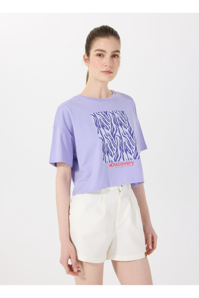 Discovery Expedition D5SL-TST3641 Lila Bisiklet Yaka Crop Baskılı Kadın T-Shirt