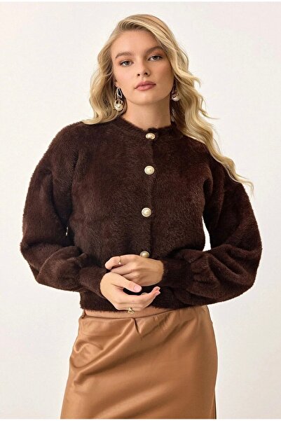 NATUFIAN STORE Kadın Kahverengi İnci Düğmeli Sakallı Balon Kol Kadın Triko Yumoş Hırka
