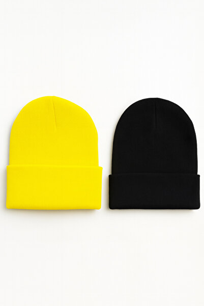 Funny Life Unisex Folded Yellow and Black 2-Piece Beret Set