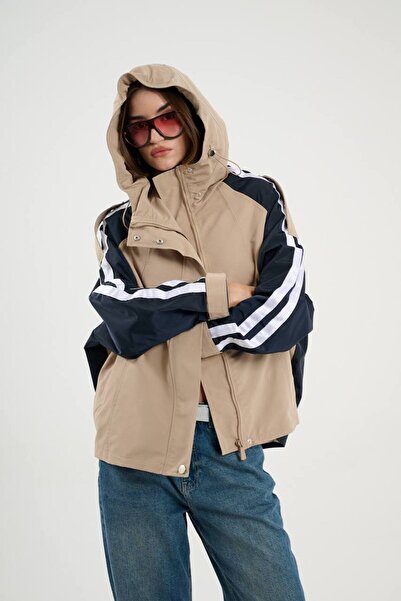 İLKCET MODA Oversize Γυναικείο Αδιάβροχο - Ριγέ Πάρκα